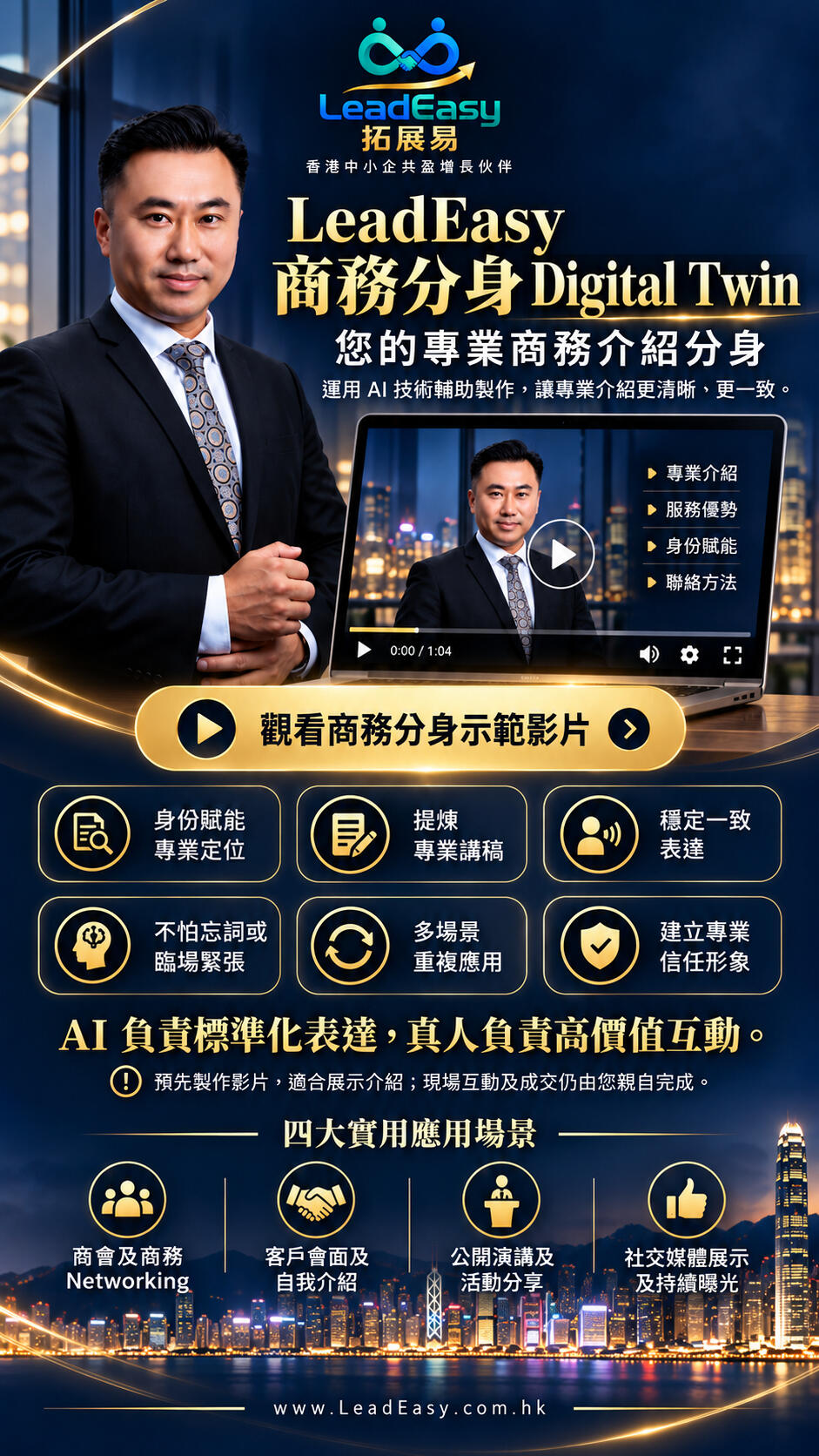 P02|Digital Twin 功能與使用場景 LeadEasy 商務分身 Digital Twin,結合專業定位、講稿整理及一致表達,適用於商會交流、客戶會面、活動分享及社交平台。預錄影片負責介紹,真人負責互動及成交。